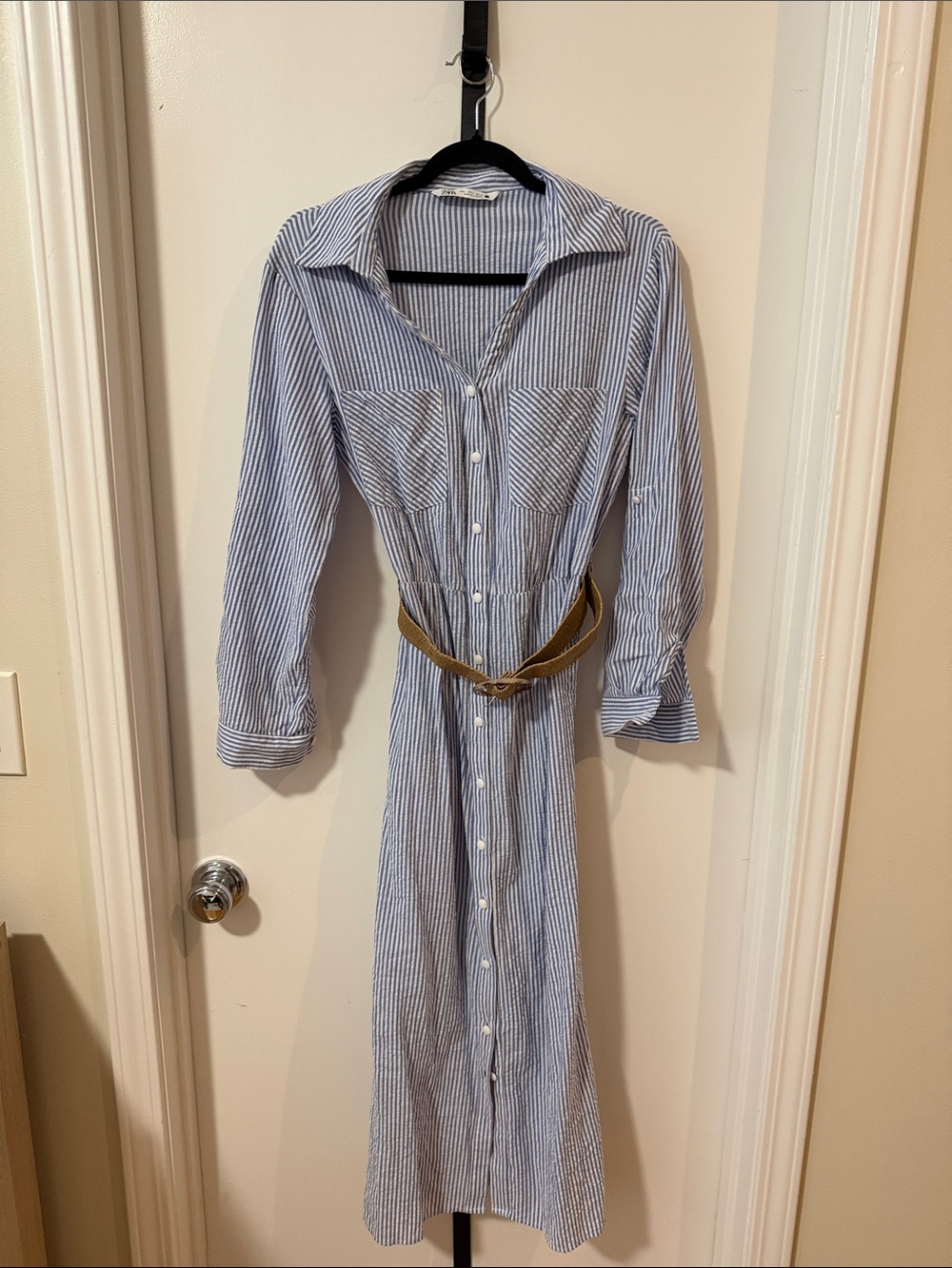 Zara Blue & White Striped Midi Shirt Dress with Tan Belt
